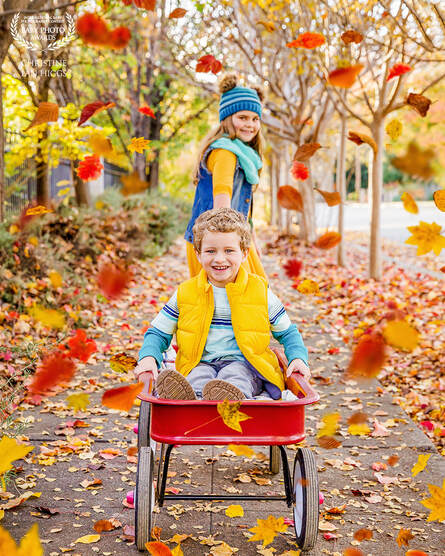 young girl pulling wagon with a boy inside with falling leaves