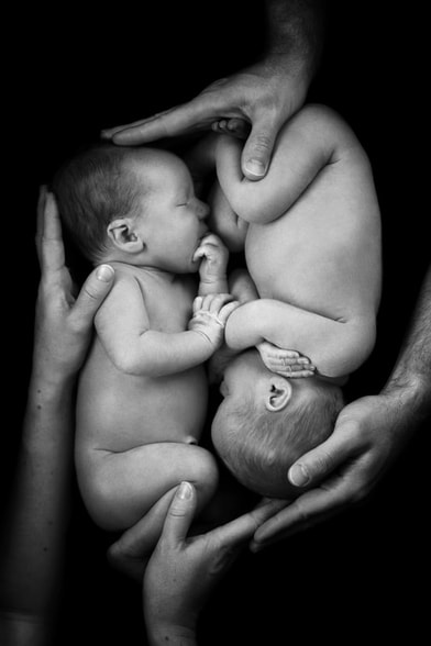 black and white of twins curled together face to face