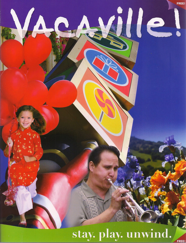 young girl in red Vietnamese dress running with red balloons and man playing a trumpet