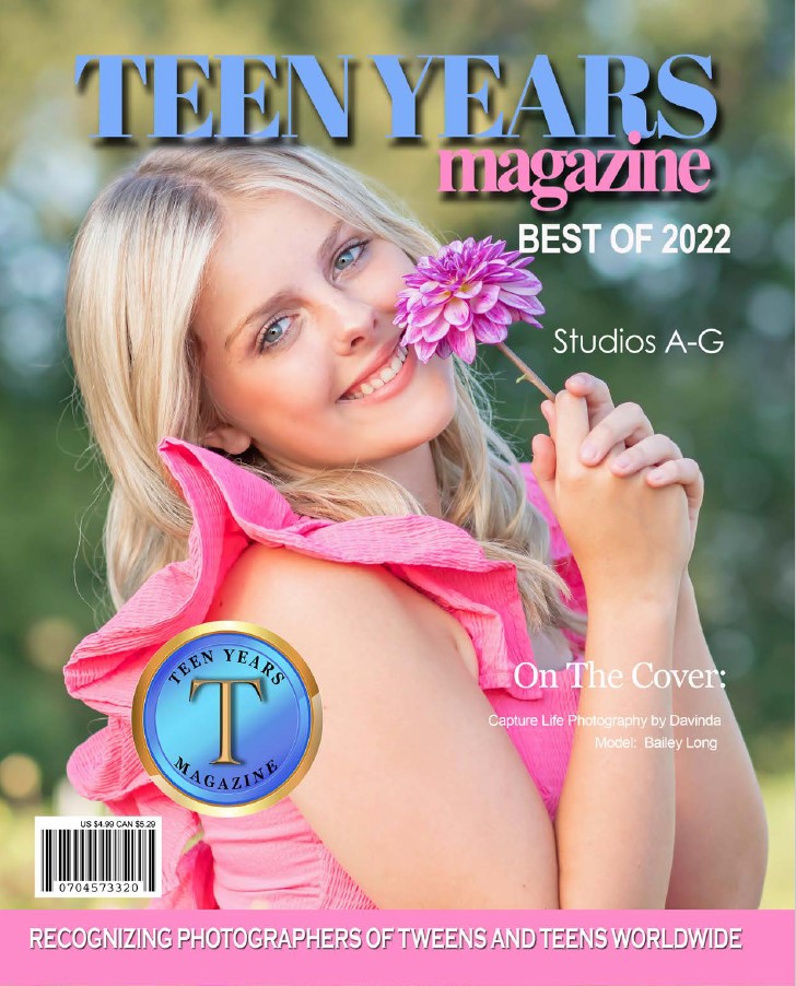Teen Year Magazine Cover of blonde girl smelling a pink flower smiling