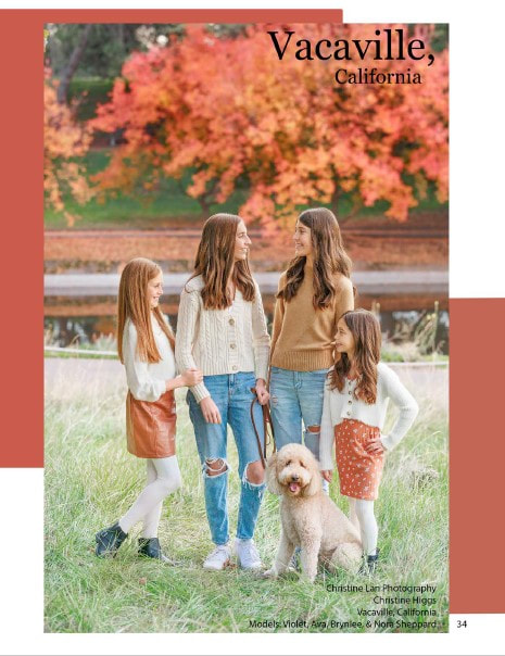 4 girls looking at each other with their white dog sitting in front
