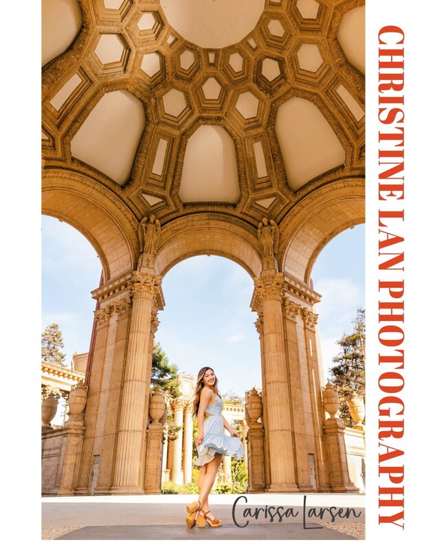 teenage girl with long brown hair in blue dress spinning under Palace of Fine Arts dome