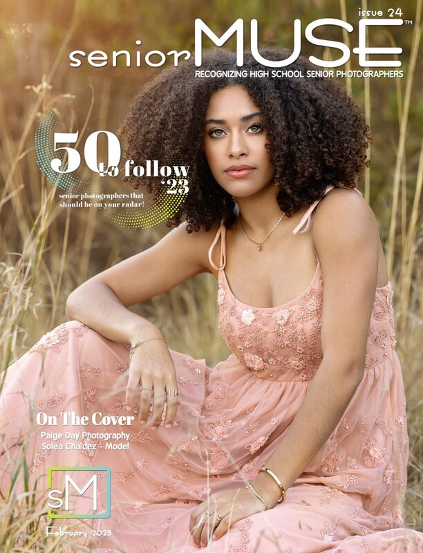 Senior Muse magazine cover with teenage girl with black hair in pink dress sitting in field