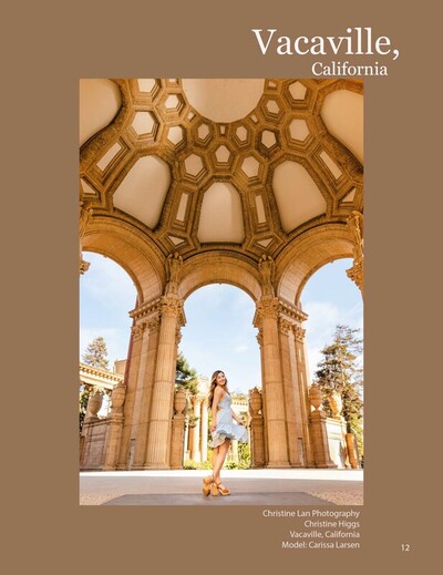 Girl in short light blue dress twirling under a dome at Palace of Fine Arts in San Francisco