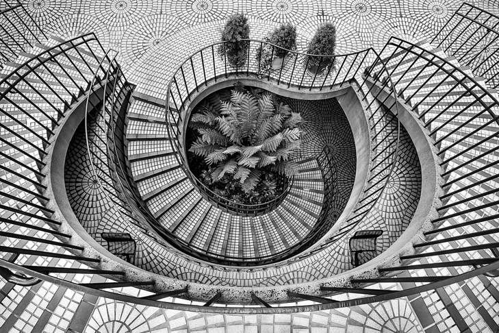 black and white spiral staircase