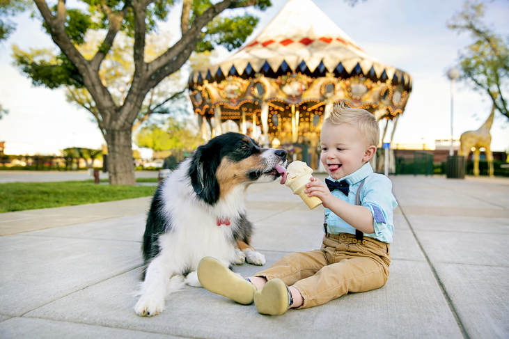 boy and dog eating a ice cream 