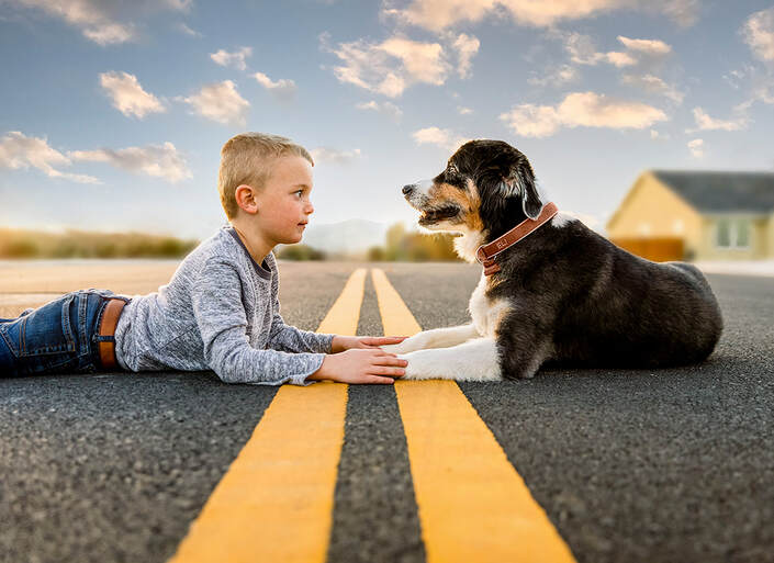 boy and dog laying in the street