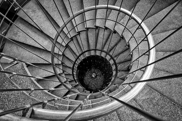 black and white of spiral staircase