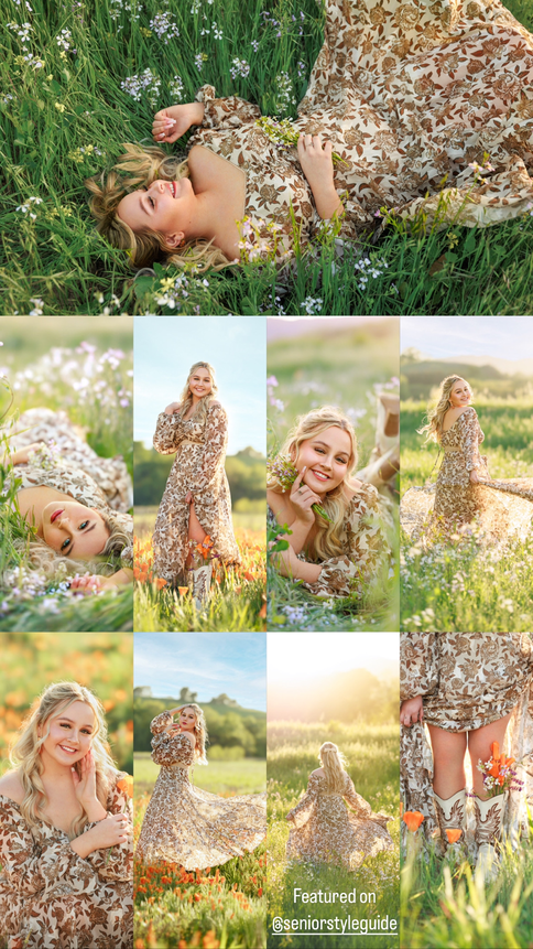 nine photos of blonde girl in flowy floral dress in flower field