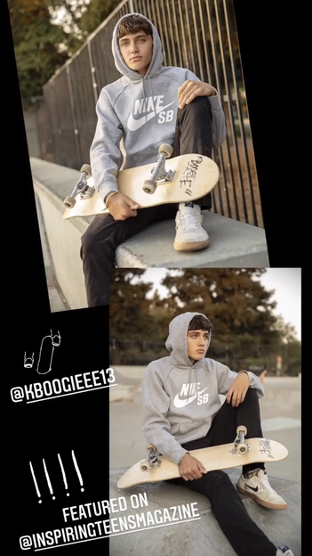teenage boy with brown hair, Nike grey hoodie, sitting with his skateboard