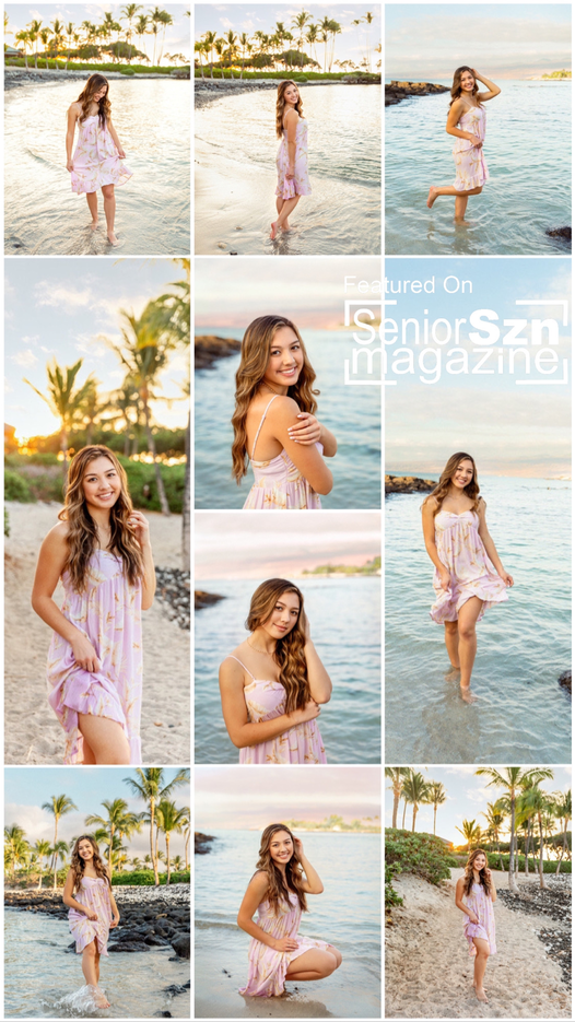 teenage girls with long brown hair wearing a pink dress standing on the beach and ocean water in Hawaii