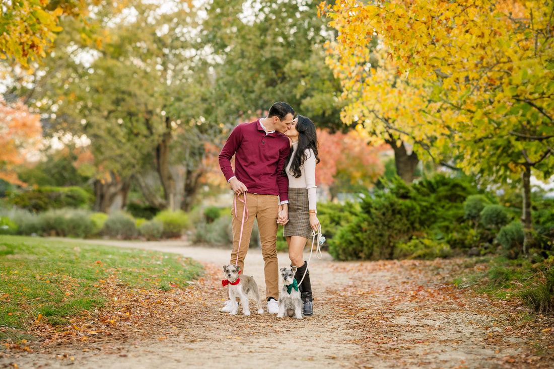 Young male and female couple kissing while walking their two little dogs