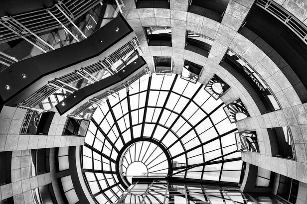 black and white of ceiling of San Francisco Library